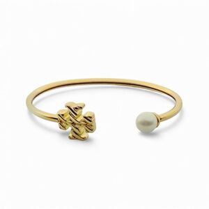 Tory Burch 18K Gold Plated Textured Rope Logo Pearl Flex Cuff Bracelet